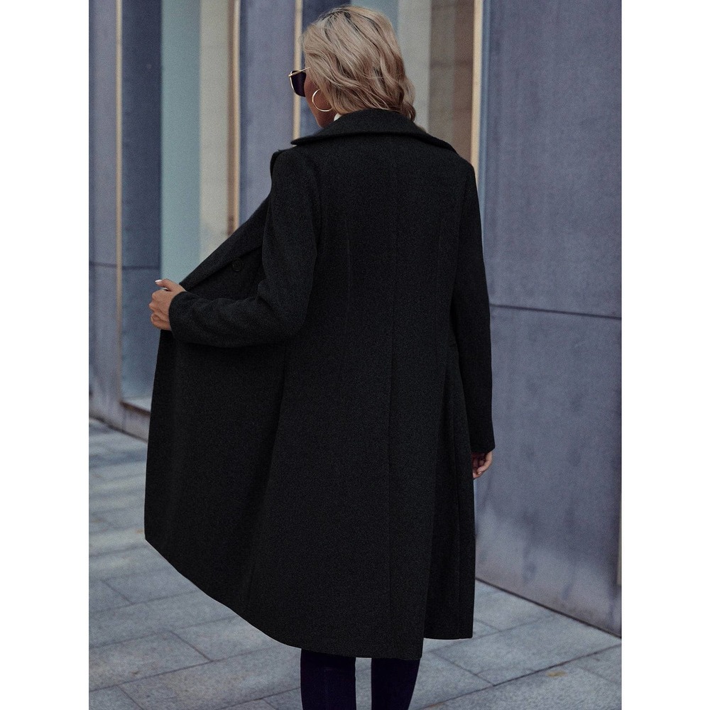 Lapel collar Double Breasted Overcoat long pea coat peacoat black long line - Picture 2 of 10